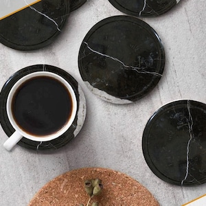 Posavasos de ónix negro con soporte, juego de 6 posavasos / decoración de mármol / mejores regalos de Navidad / regalo de inauguración de la casa