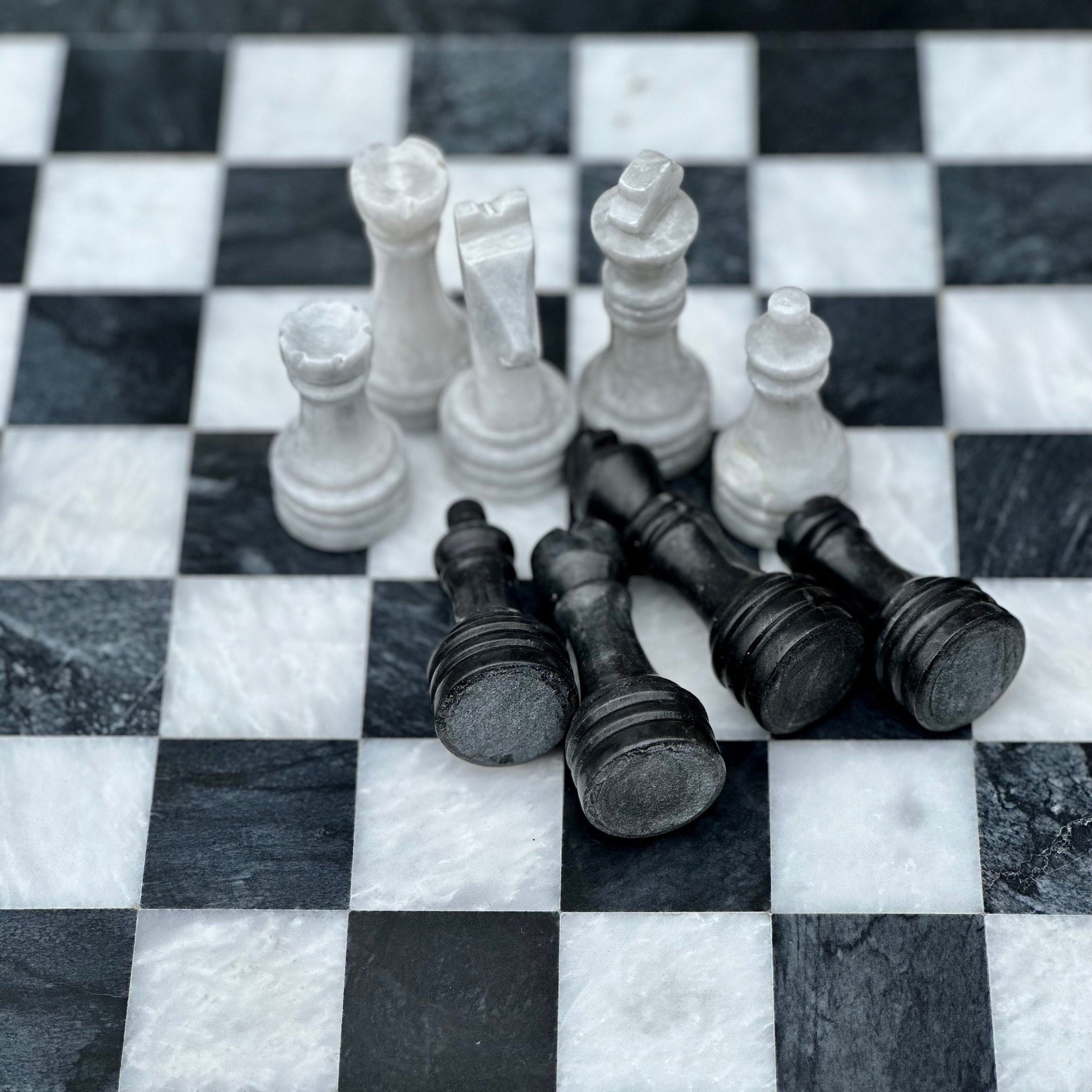 Onyx Chess Pieces only, Marble Chess Pieces for 12 to 16 Inch Chess Boards. Chess Figures in Black and White.