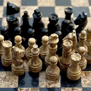 Onyx Chess Pieces only, Marble Chess Pieces for 12 to 16 Inch Chess Boards. Black and Fossil/Coral Chess Figures.