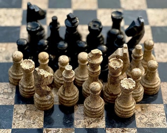 Onyx Chess Pieces only, Marble Chess Pieces for 12 to 16 Inch Chess Boards. Black and Fossil/Coral Chess Figures.