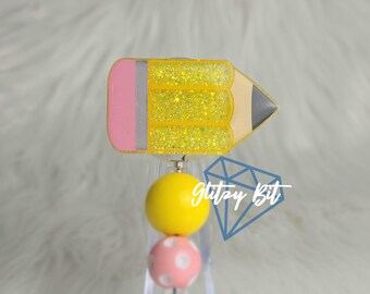 Glitter Pencil Teacher Badge Reel | School Teacher Para Professional SLP Retractable Badge Reel ID Badge Holder