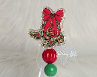 Poinsetta Cowboy Boots Red Bow Christmas Badge Reel | RN Nurse Teacher Xray Rad Tech Retractable Badge Reel ID Badge Holder