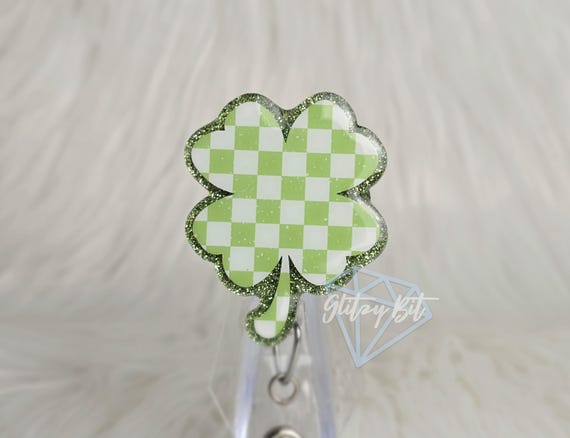Checkered Clover Shamrock St. Patty's Day Badge Reel | RN NP Nurse Teacher Xray Rad Tech Retractable Badge Reel ID Badge Holder