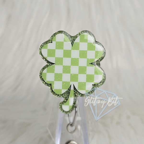 Checkered Clover Shamrock St. Patty's Day Badge Reel | RN NP Nurse Teacher Xray Rad Tech Retractable Badge Reel ID Badge Holder