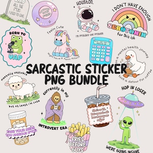 Puede incluir: Una colección de pegatinas de dibujos animados coloridos con varios personajes y textos humorísticos, incluyendo una lápida, una bola de cristal, un astronauta, un arcoíris, una rana, un unicornio, una calculadora, un pato, una oveja, un sasquatch, una taza de café, patatas fritas y un alienígena.