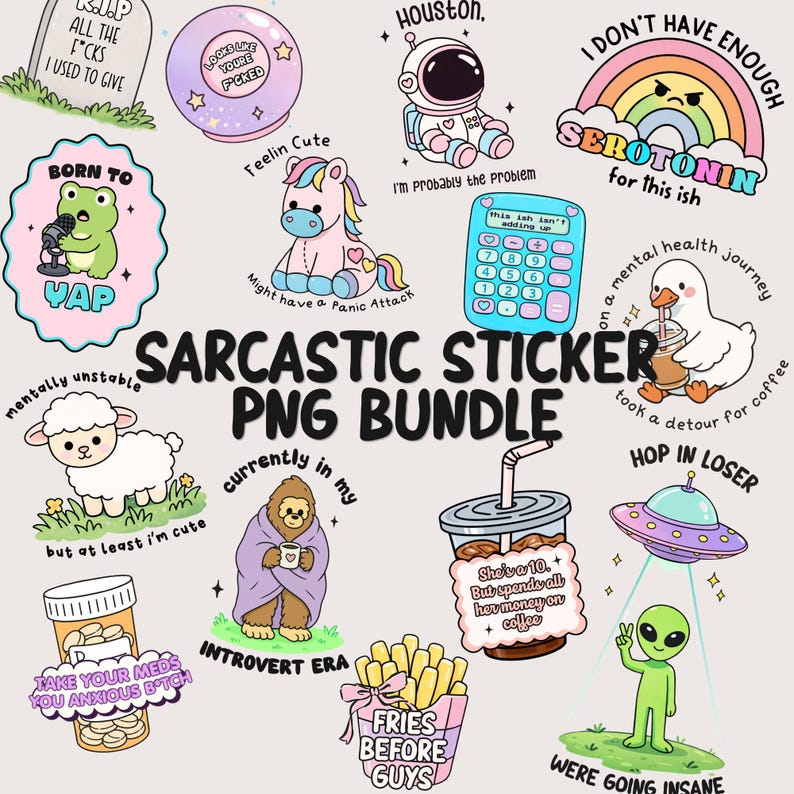 May include: A collection of colorful cartoon stickers featuring various characters and humorous text, including a tombstone, crystal ball, astronaut, rainbow, frog, unicorn, calculator, duck, sheep, sasquatch, coffee cup, fries, and alien.