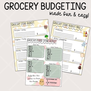 May include: A set of colorful, illustrated grocery budgeting worksheets. The pages include sections for tracking expenses like protein, veggies, snacks, and condiments. The text "Grocery Budgeting made fun & easy!" is at the top.