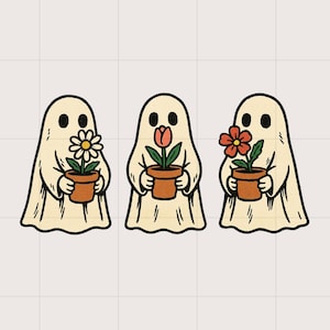 May include: Three cartoon ghosts holding potted flowers. Each ghost is a cream color with black eyes and a black outline. The flowers are a daisy, a tulip, and a red flower. The pots are brown.