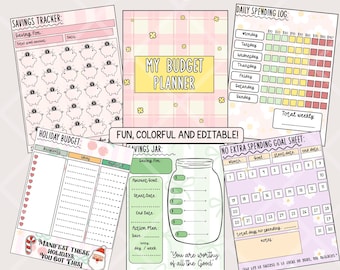 May include: A digital budget planner set featuring pages titled Ultimate Budget Planner, Savings Tracker with piggy bank icons, Daily Spending Log, Holiday Budget, Savings Jar, and No Extra Spending Goal Sheet in pastel colors.