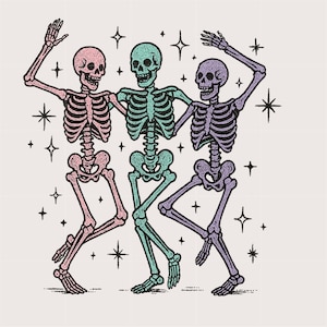 Colorful Dancing Skeletons PNG design | Funny png skeleton design | Spooky Dancing Skeletons | Skeleton png | Retro Halloween png design