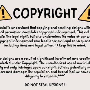 Puede incluir: Un cartel de advertencia amarillo y negro con un signo de exclamaci&oacute;n, seguido de la palabra "COPYRIGHT" en letras negras en negrita. El texto a continuaci&oacute;n explica que copiar y revender dise&ntilde;os sin permiso constituye una infracci&oacute;n de los derechos de autor y puede tener consecuencias legales. El texto tambi&eacute;n establece que los dise&ntilde;os est&aacute;n protegidos por derechos de autor y que el uso no autorizado puede inducir a error a los clientes y da&ntilde;ar la reputaci&oacute;n de la empresa. El texto termina con la frase "&iexcl;NO ROBAR DISE&Ntilde;OS!"
