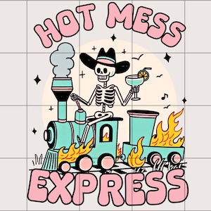 Może przedstawiać: Szkielet z kreskówki w kowbojskim kapeluszu i z koktajlem w ręku siedzi na niebieskim silniku lokomotywy z płomieniami wychodzącymi z tyłu. Pociąg jest oznaczony napisem "Hot Mess Express" w różowych literach.