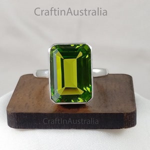 Baguette Peridot Ring, Full Bezel Octagon Ring, Sister Birthday Gift, 14k Rose Gold Vermeil, 925 Sterling Silver Ring, Peridot Cocktail Ring