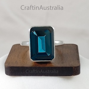 London Blue Topaz Ring, Emerald Cut Ring, Sister Birthday Gift, Octagon Solitaire Ring, 14k Solid Rose Gold, 925 Sterling Silver Jewellery
