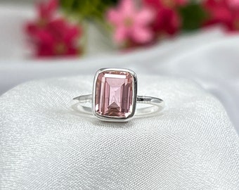 Adorable Morganite Ring, Emerald cut morganite ring, emerald cut ring, octagon silver ring, Best Friend Gift, 7x9 mm, Handmade Silver Ring