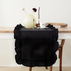 BLACK Tablecloth, Ruffle black linen tablecloth, Soft linen tablecloth, Christmas linen table decor