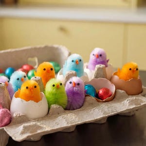May include: A cardboard egg box filled with colourful Easter chicks. The chicks are in various colours, including orange, green, blue, and purple. Some eggs contain foil-wrapped chocolate eggs.