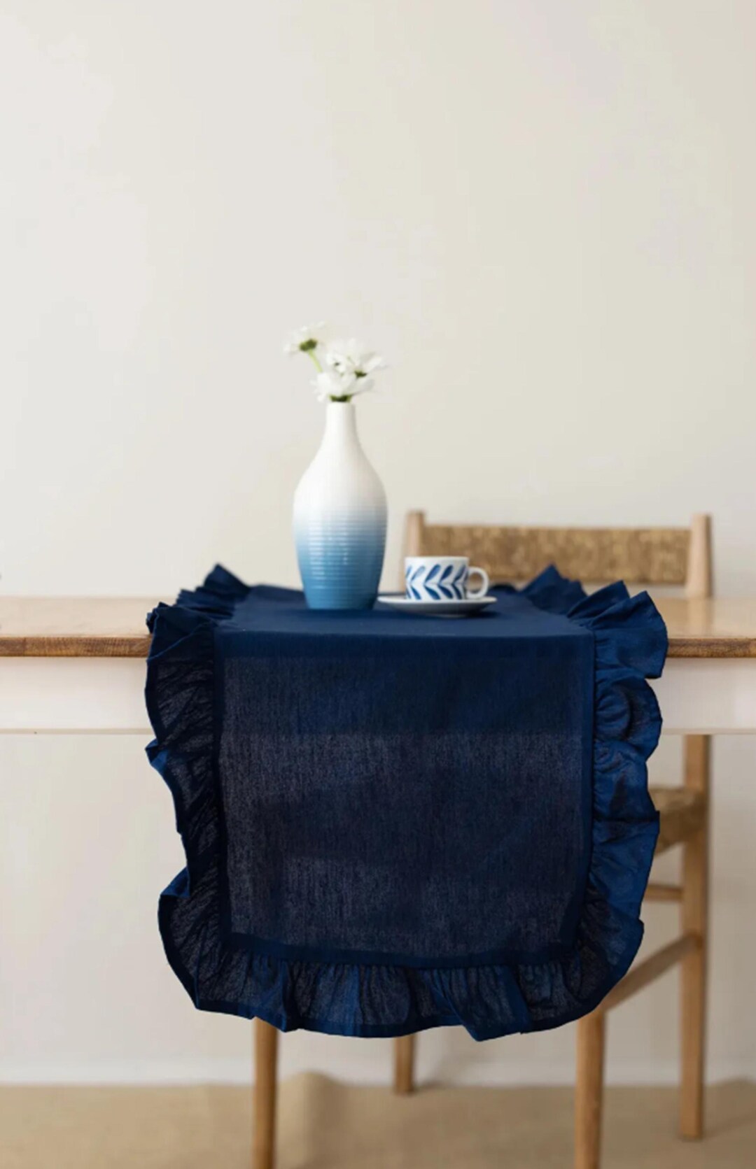 DARK BLUE Table Runner, Dark Blue Linen Table Runner With Ruffle, Soft ...