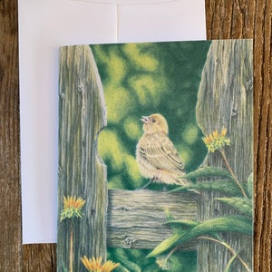 Dessin original d'oiseau chanteur de printemps sur une clôture de jardin, carte de voeux imprimée vierge à l'intérieur sur le thème de la nature, format a2, enveloppe blanche incluse