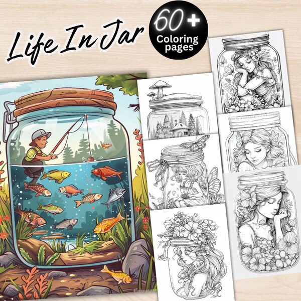 60 Life Inside Jar Cute Coloring Book, Life Inside Jar Colouring Pages Printable, Coloring Pages For Adults, Digital PDF Download