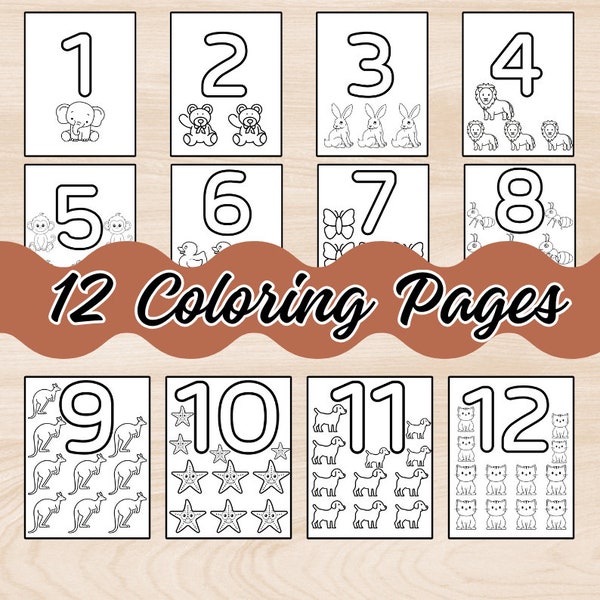 Printable Numbers Coloring Pages, Coloring Pages for Kids, Homeschool Printable,  Animal numbers, Digital PDF Download, Printable PDF Files