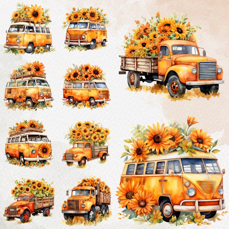 Watercolor Sunflower Cars Clipart Bundle, Summer Clipart, Watercolor ...