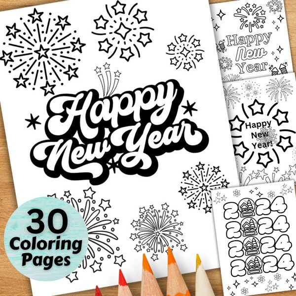 New Year Coloring Page, Happy New Year, 2024 Coloring Pages, New Year Party Activity, Retro New Year Coloring Pages, Printable PDF Files
