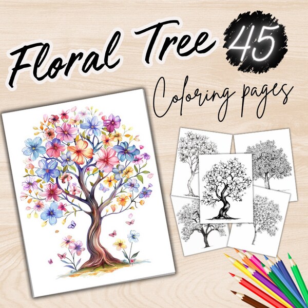 Floral Tree Coloring Book, Instant Download Coloring Book, Grayscale Magical Tree Coloring Book For Kid, Coloring Page, Printable Coloring
