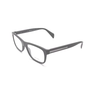 May include: Gray plastic framed eyeglasses with clear lenses. The brand name "PRADA" is printed on the frame.