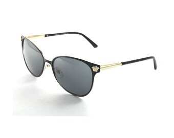 Versace 2168 1377/87 Matte Black Pale Gold / Gray Lenses Cat Eye Sunglasses