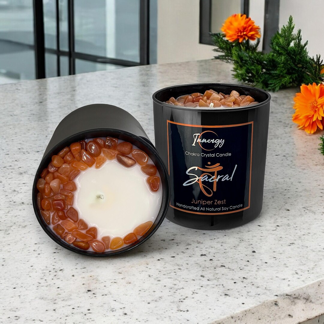 Sacral Chakra Soy Wax Crystal Candle - Calming Juniper Zest Scent, 9oz ...