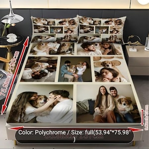 Può includere: Set di lenzuola matrimoniali con un collage di foto con persone e cani. Il lenzuolo misura 193 cm di lunghezza e 137 cm di larghezza. Anche le federe presentano collage di foto. Il colore è policromo.