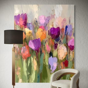 Impressionistische canvasprint Tulip Meadow: kleurrijke bloemenmuurkunst