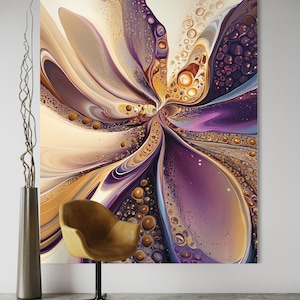 Leinwanddruck Abstrakt Lila und Gold | Flüssige Blumenwandkunst | Elegantes, modernes Wohndekor | Luxus Statement Kunstwerk | Zeitgenössisches Design
