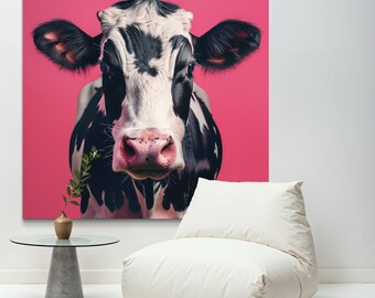 Impresión en lienzo de una vaca peculiar: arte mural rústico vibrante