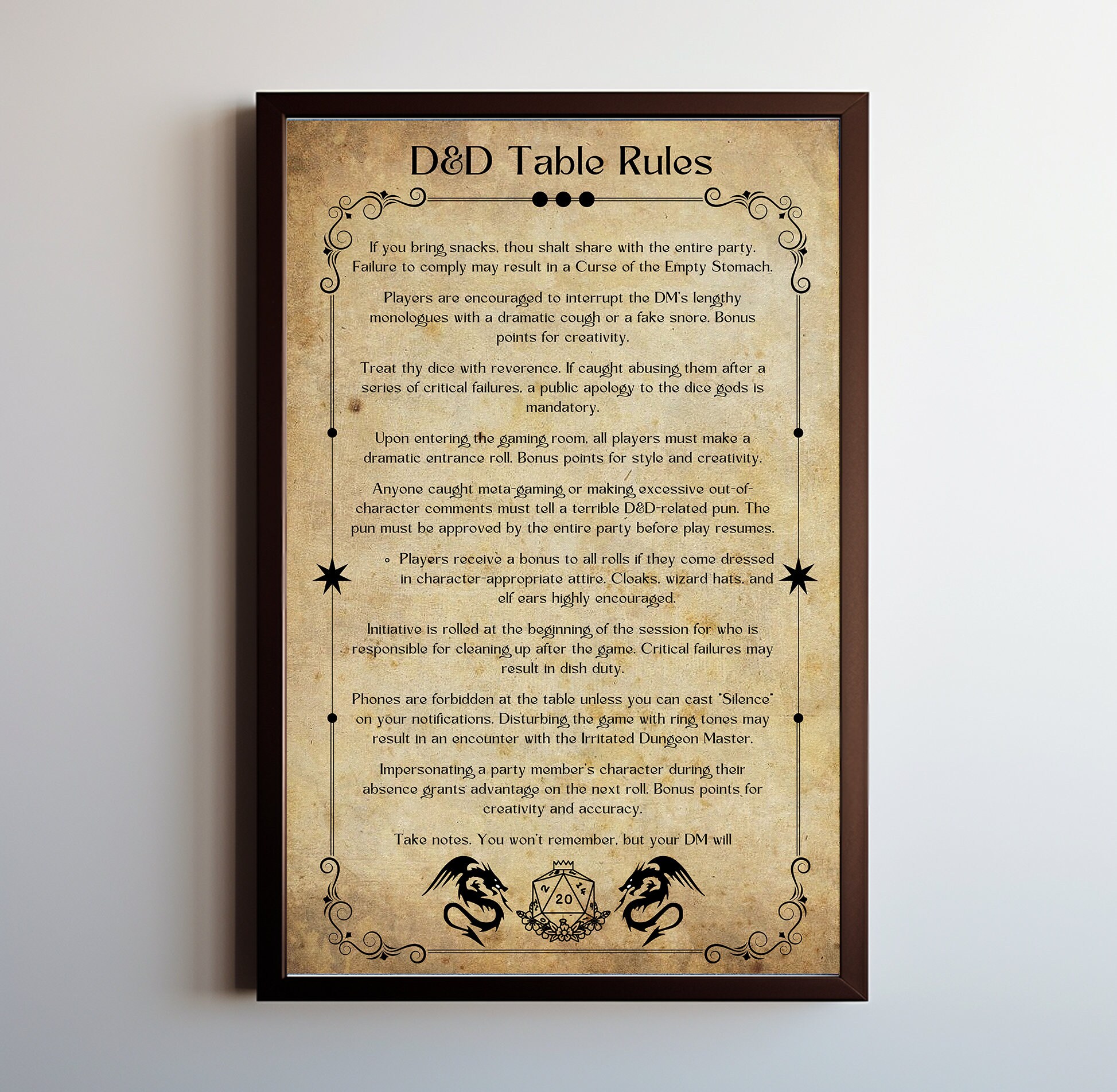 Dungeons and Dragons Table Rules Poster / DND Gaming / Tabletop Dice