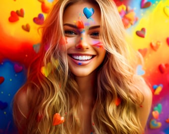 Mujer con risa y corazón - Arte generado por IA - Midjourney AI Art - Arte digital para, por ejemplo, televisores o teléfonos inteligentes con marco 4K - Chancehap