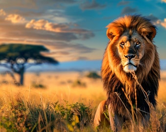Lion in Savannah - AI generated Art - Midjourney AI Art - Digital Art for e.g. 4K Frame TV / Smartphone / Tablet / Notebook - Chancehap