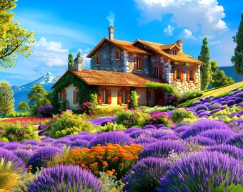 Romantic Country House with Lavender - AI generated Art - Midjourney AI Art - Digital Art for e.g. 4K Frame TV / Smartphone - Chancehap