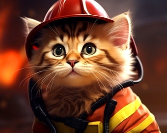 Firefighting Cat - AI generated Art - Midjourney AI Art - Digital Art for e.g. 4K Frame TV / Smartphone / Tablet / Notebook