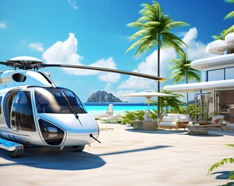 Helicopter in front of Caribbean Mansion - AI generated Art - Midjourney AI Art - Digital Art for e.g. 4K Frame TV / Smartphone - Chancehap