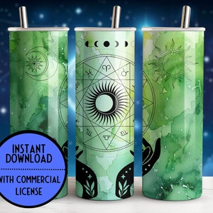 Celestial Zodiac Tumbler Glitter 20 oz Skinny Tumbler Sublimation Design Straight Design Digital Download PNG Green Model