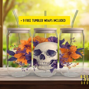 Fall Vibes 16oz Glass Can Wrap - Digital Download Sublimation Design - 16oz Template, Skull Halloween jar tumbler wrap PNG Design