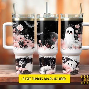 Halloween Tumbler 40 oz Tumbler Wrap, Pumpkin, 40 oz Tumbler PNG, Floral 40oz Sublimation Tumbler Design, 40oz Tumbler Template, Retro ghost