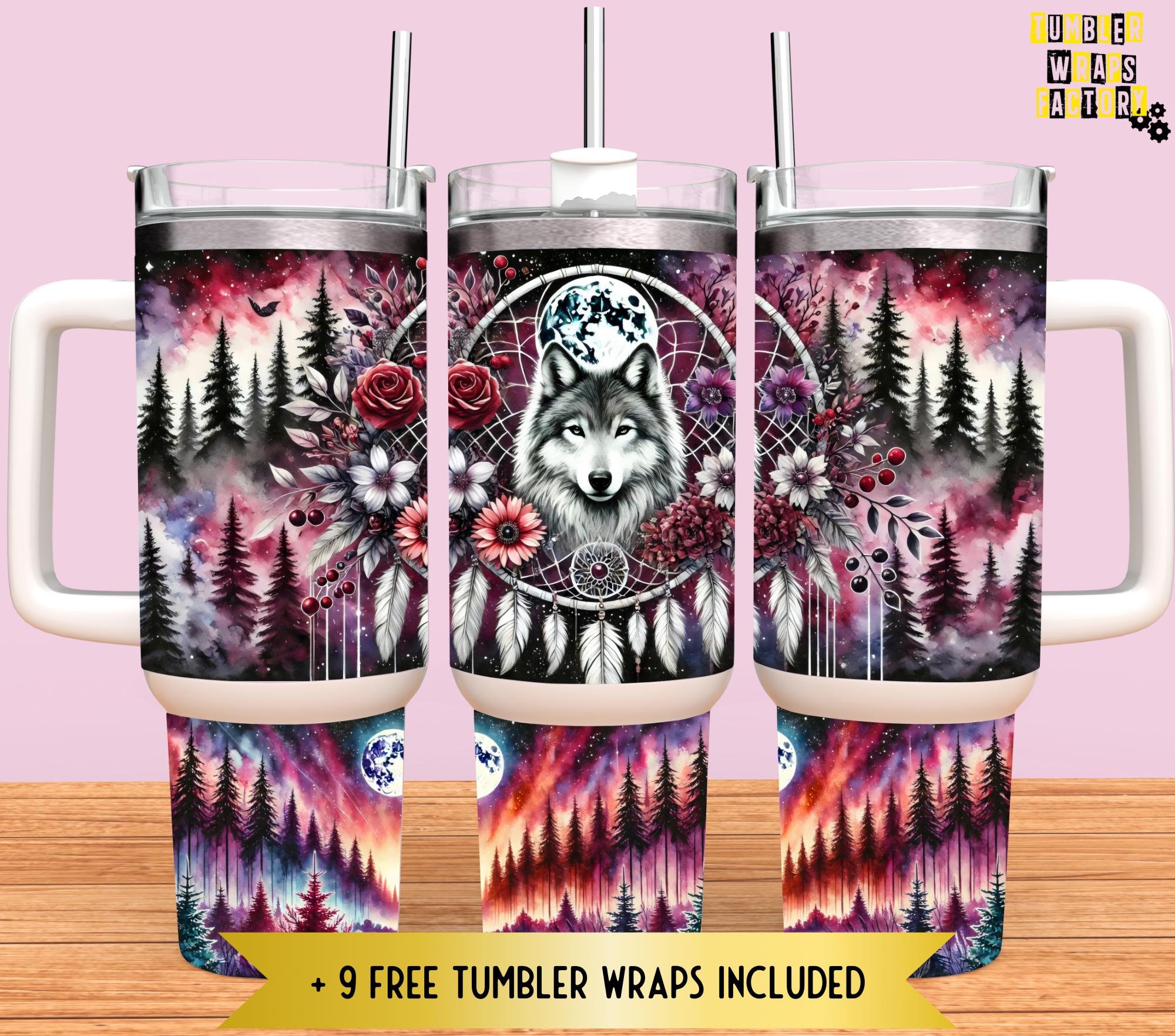 Grey Wolf 40oz Tumbler Wrap Design, 40 ounce quencher handle cup sublimation png, 40 oz Boho Moon Dream Catcher Tumbler Design File