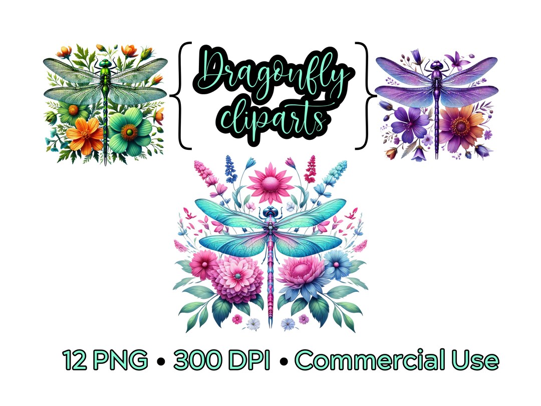 Watercolor Dragonfly Floral Clipart Sublimations Bundle, Insect PNG ...