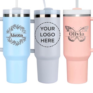 Custom Tumbler With Handle, Personalized 40 oz Tumbler, Straw & Lid, Laser Engraved Tumbler, Travel Mug, Thermal Coffee Cup, Stanley Style