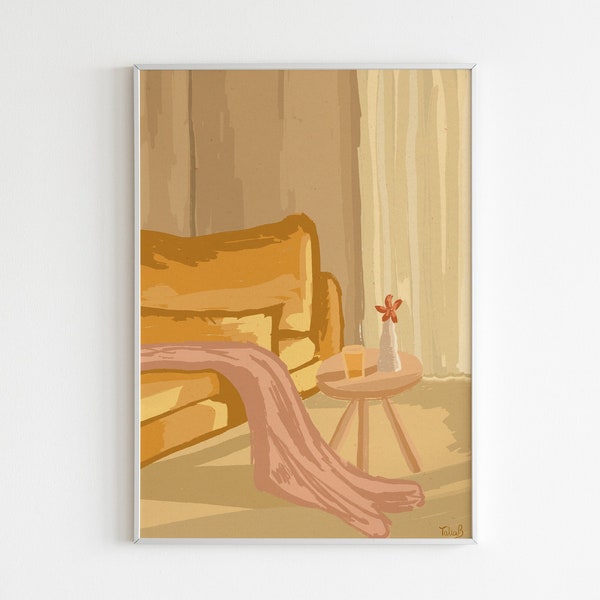 living room illustration print, artful orange poster, artful wall art, boho room decoration, living room decor,warm color painting,roomdecor