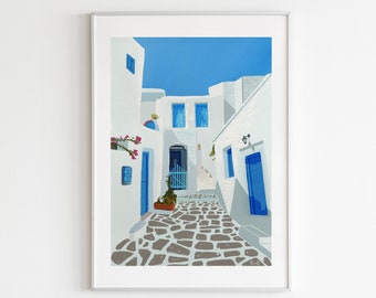 greece white street print, mediterranean decor, santorini print, greek poster, greek style, street art print, greece wall art, trendy poster