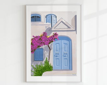 door printable art, door painting, door print, bougainvillea flower, blue door flowers,boho floral photo,mediterranean print,window painting